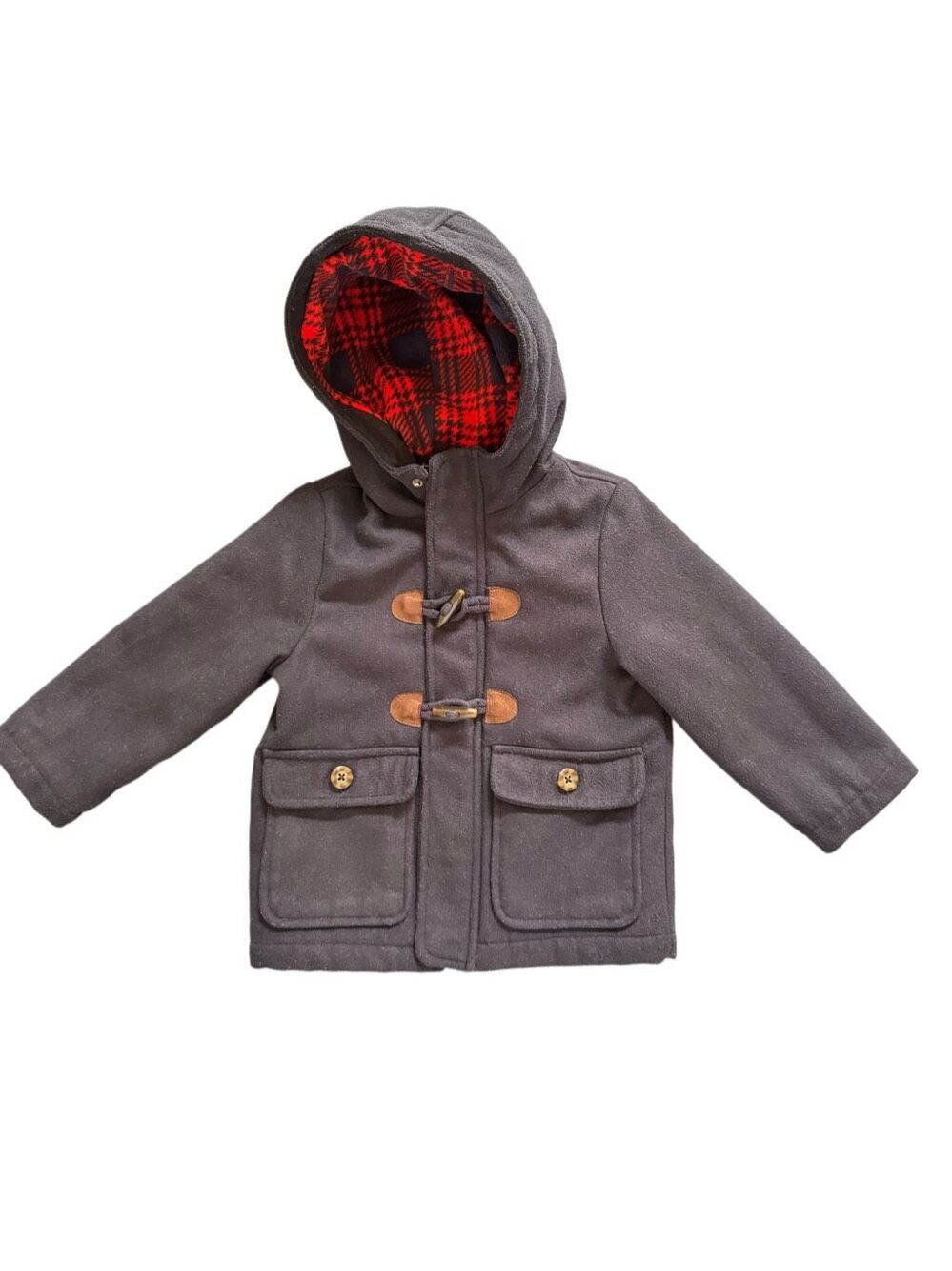 Carters 3T navy blue boys navy blue peacoat hooded coat toggle plaid buffalo lin